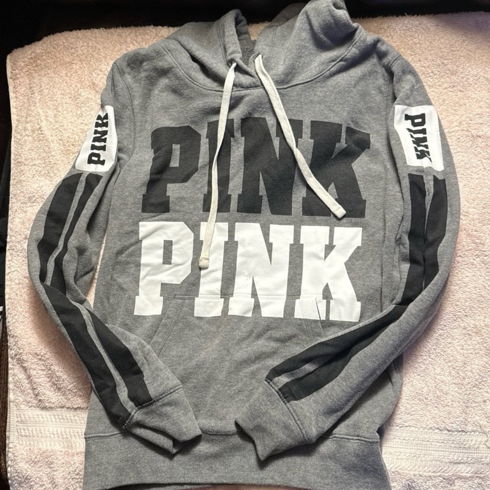 PINK Victoria's Secret Gray Hoodie with Black and White Accents
